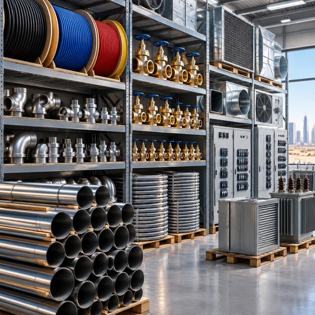 Industrial pipes, cable reels, valves and HVAC products on warehouse racks